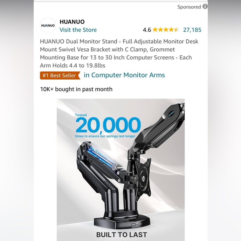 HUANUO DUAL MONITOR DESK ARM ADJUSTABLE - Picture 5 of 11